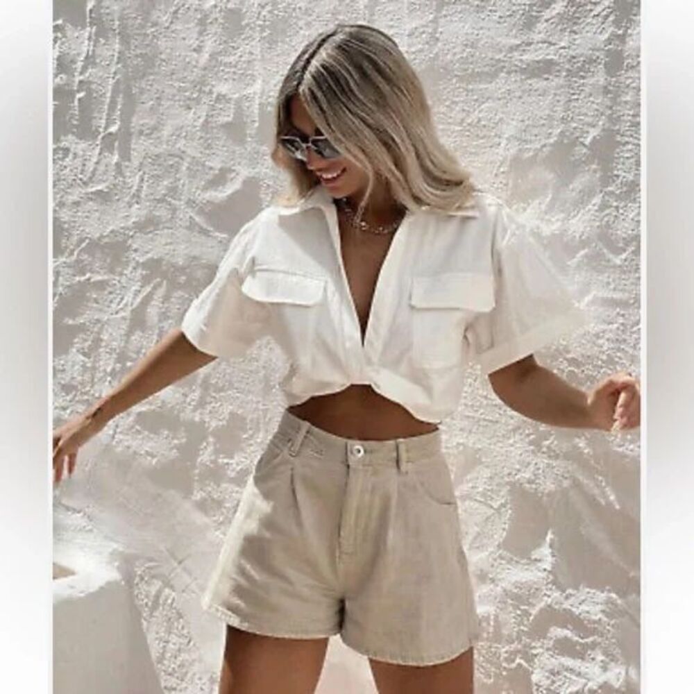Micas Cropped White Button-Up Shirt Short‎ Sleeve Tie Front Summer Top XS